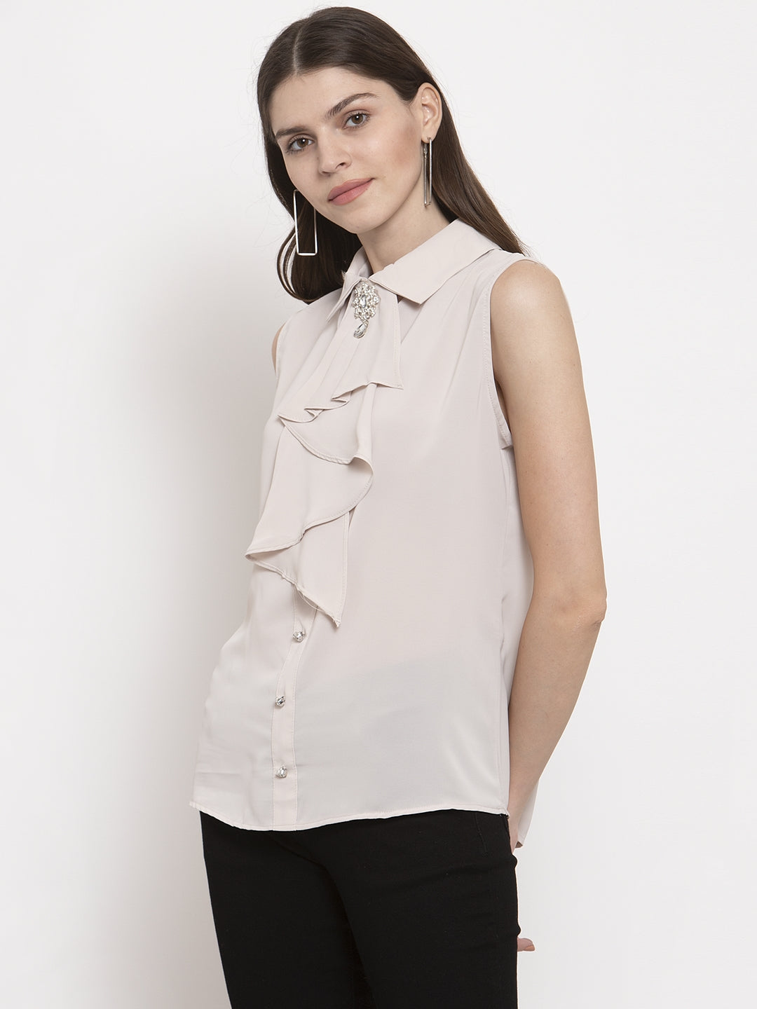 Ladies Beige collar draped Blouson Top