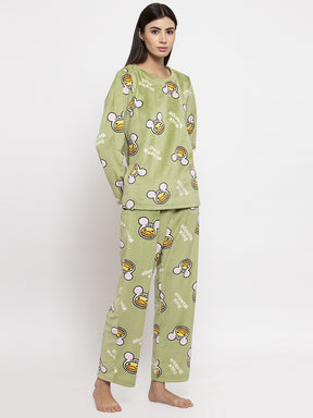 Women Green Printed Round Neck Night Suit
