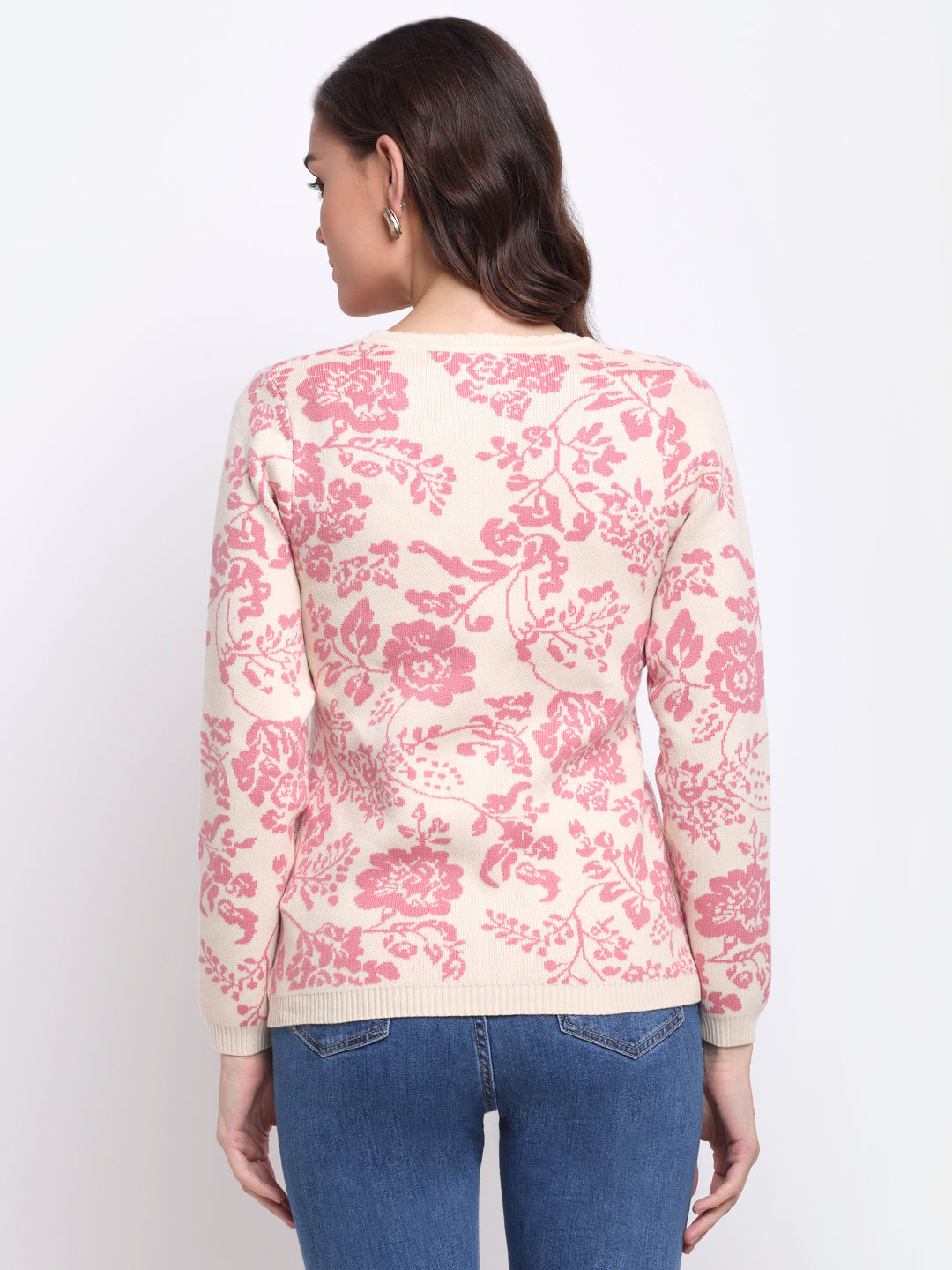 Women Pink Printed KNIT Cardigan V-Neck