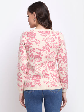 Women Pink Printed KNIT Cardigan V-Neck