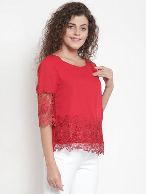 Women Solid Maroon Top With Lace Detail