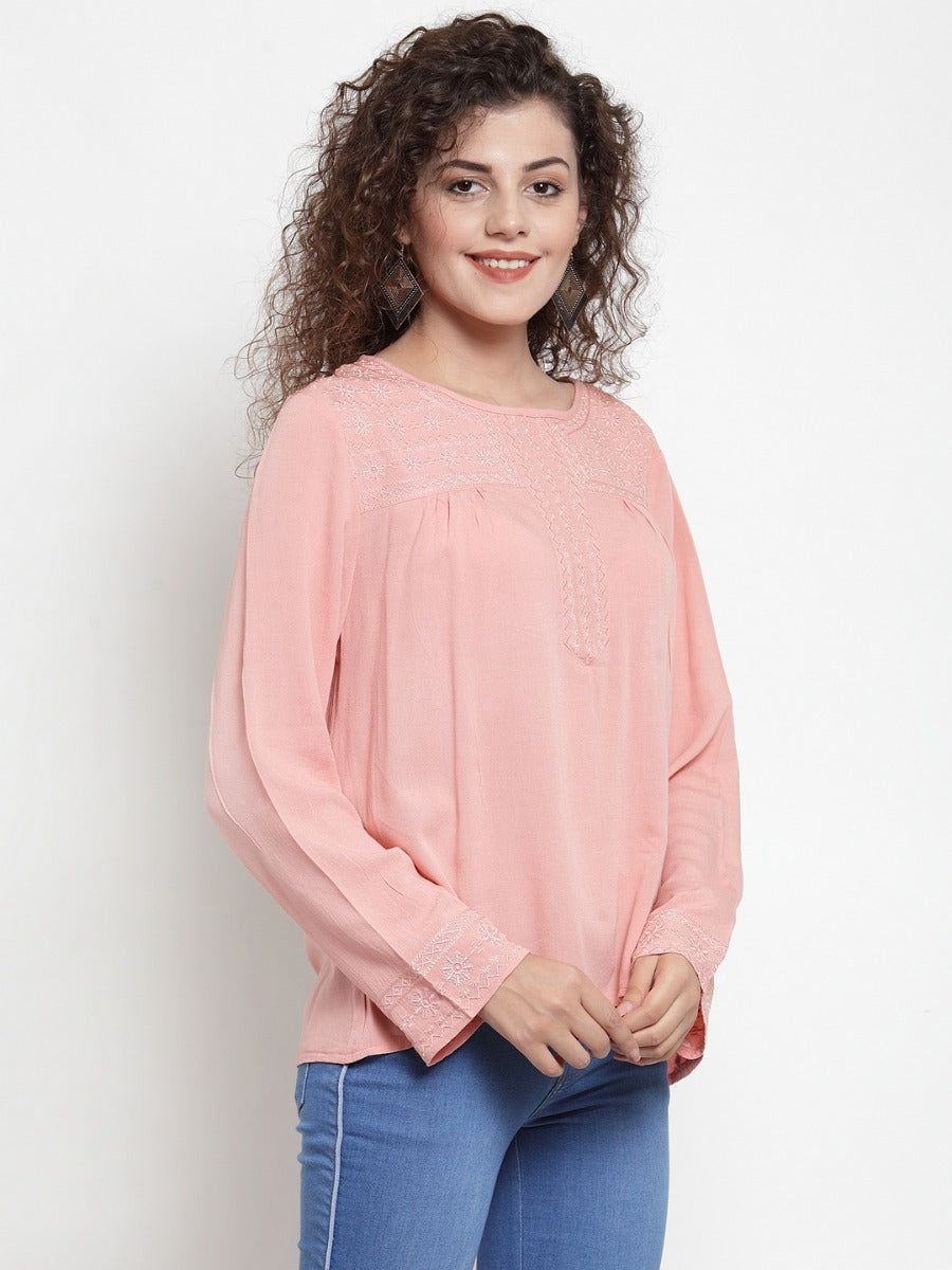 Women Pink Chikan Embroidered Top