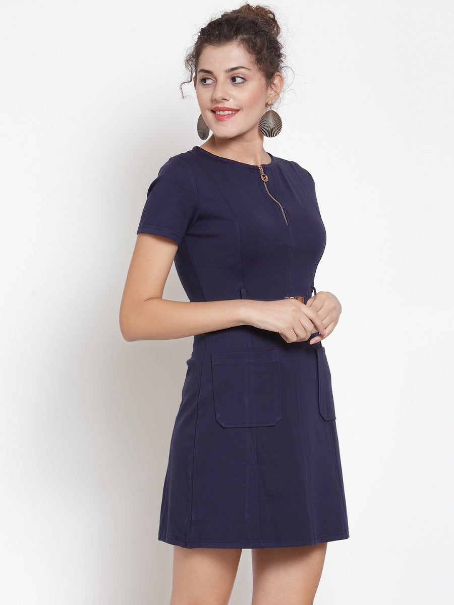 women navy blue shift dress with pockets