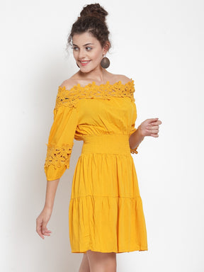 Women Yellow Off-Shoulder Dress With Lace Detail