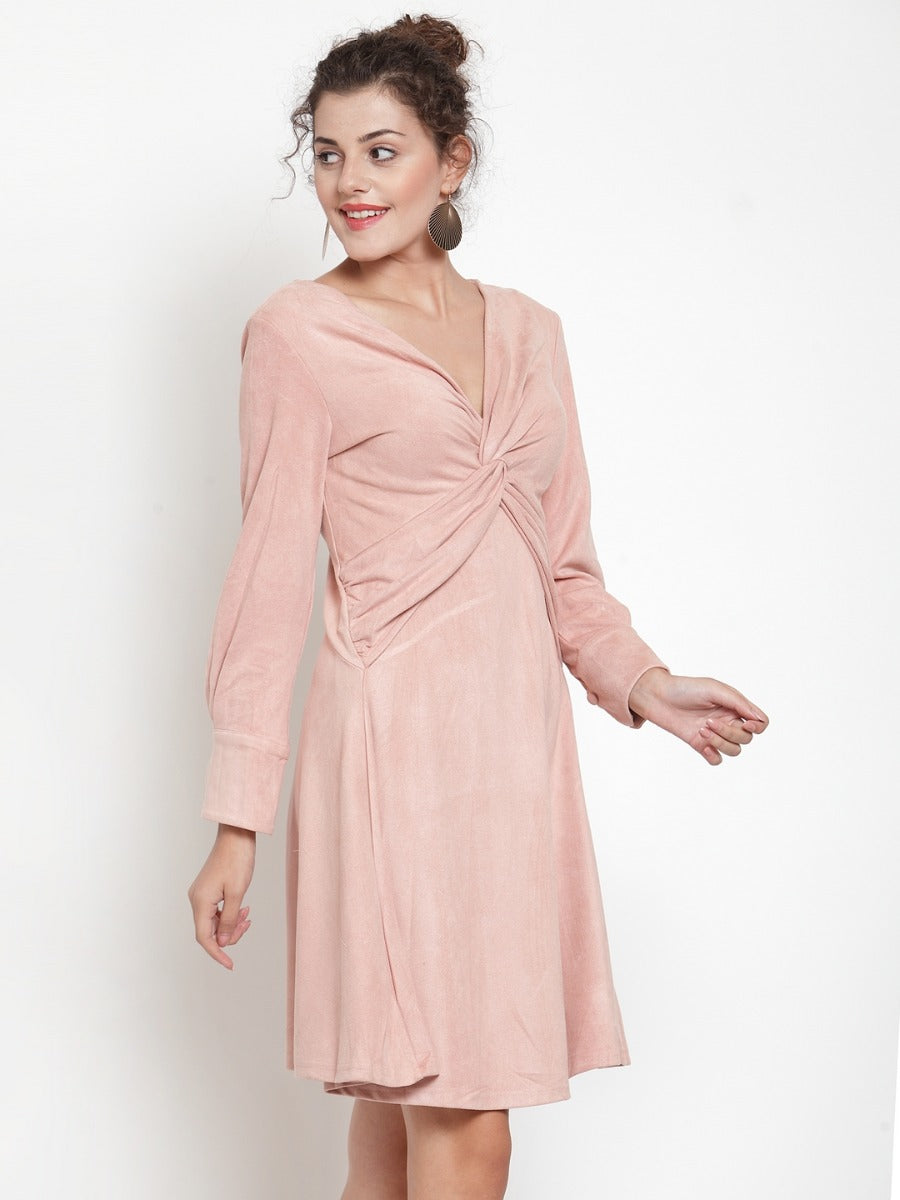 Women Solid Pink Front Twisted Knot V-Neck Dress