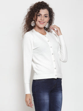 Women Solid Off-White Round Neck Fitted Cardigan