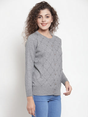 Women Solid Grey Woolen Round Neck Cardigan