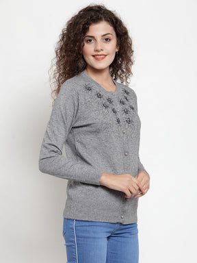 Women Grey Embroidered Round-Neck Cardigan