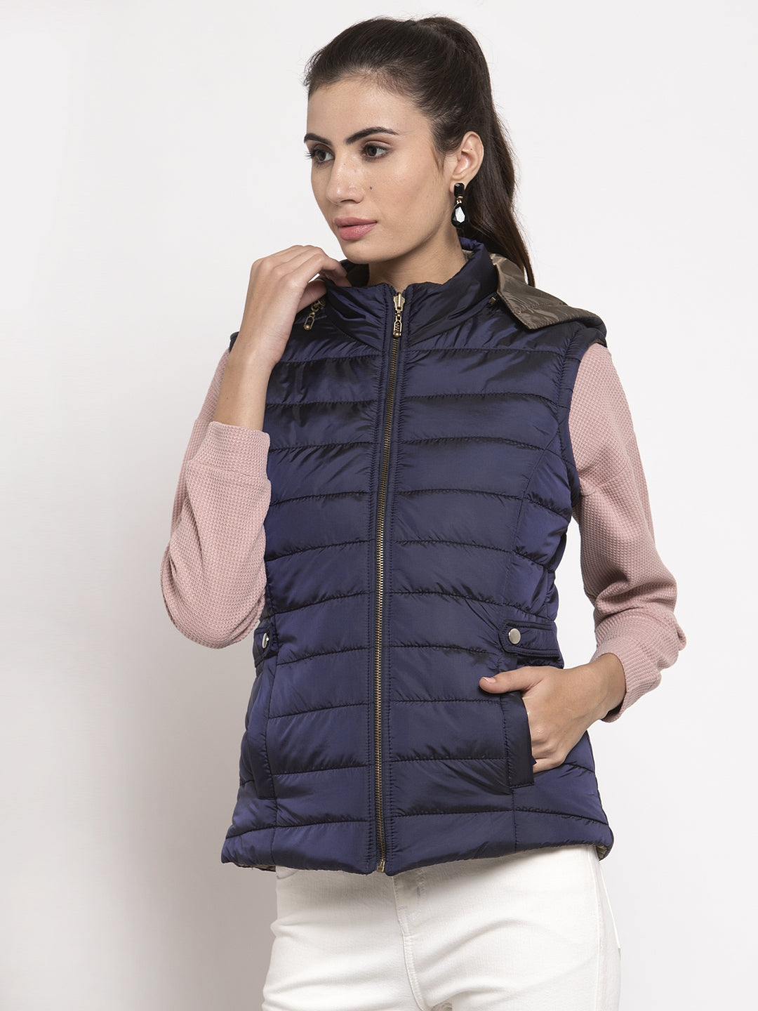 Women Navy Blue Solid Hooded Reversible Jacket