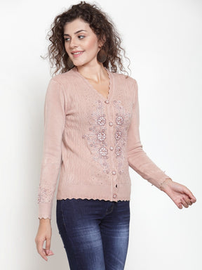 Women Beige V-Neck Embroidered Cardigan