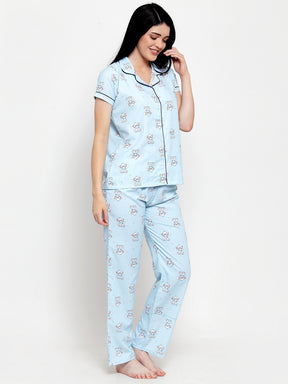Women Lt Blue Cotton Printed Night Suit Set