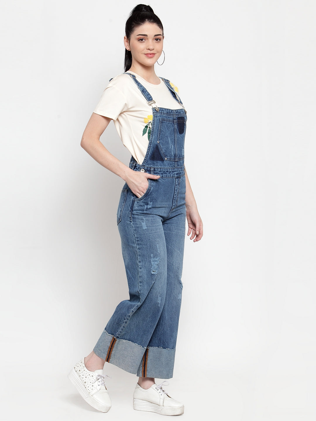 Women Blue Denim Solid Dungaree