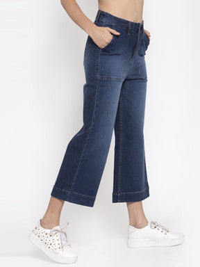 Women Solid Blue Denim Wide Leg Jeans