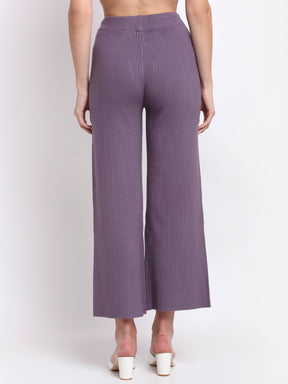 Women Purple Viscose Blend Rib Knitted Lower For Winter