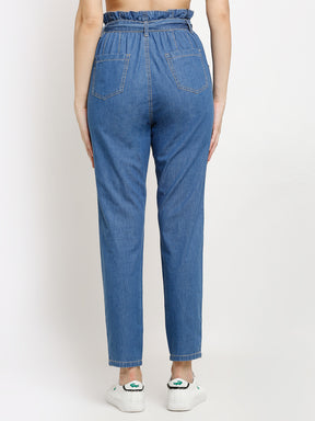 women ankle length paper bag blue jeans