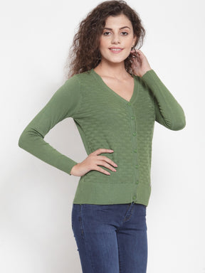 Women Solid Green Knitted  V-Neck Cardigan
