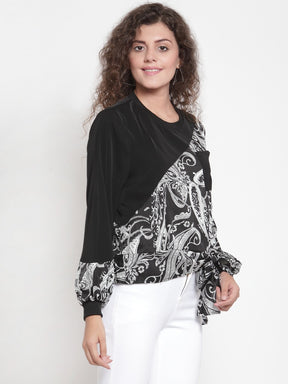 Women Black Block Printed Top With Round-Neck