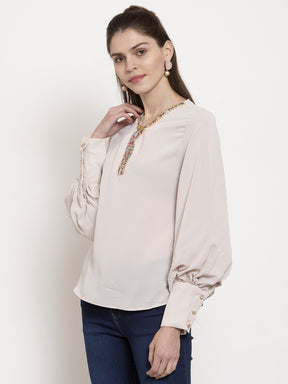 Women Straight Fit Bishop Sleeves Beige Top