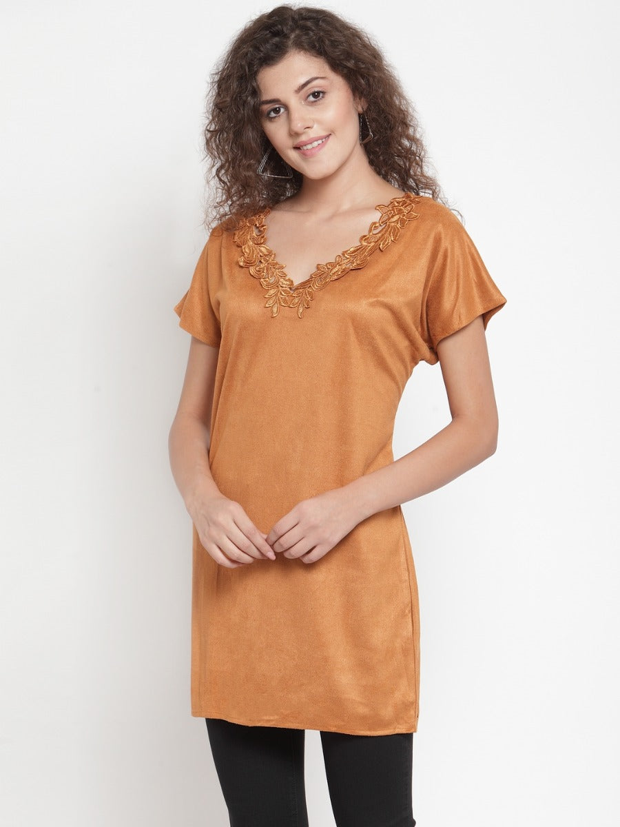 Women Solid Brown V-Neck Tunic