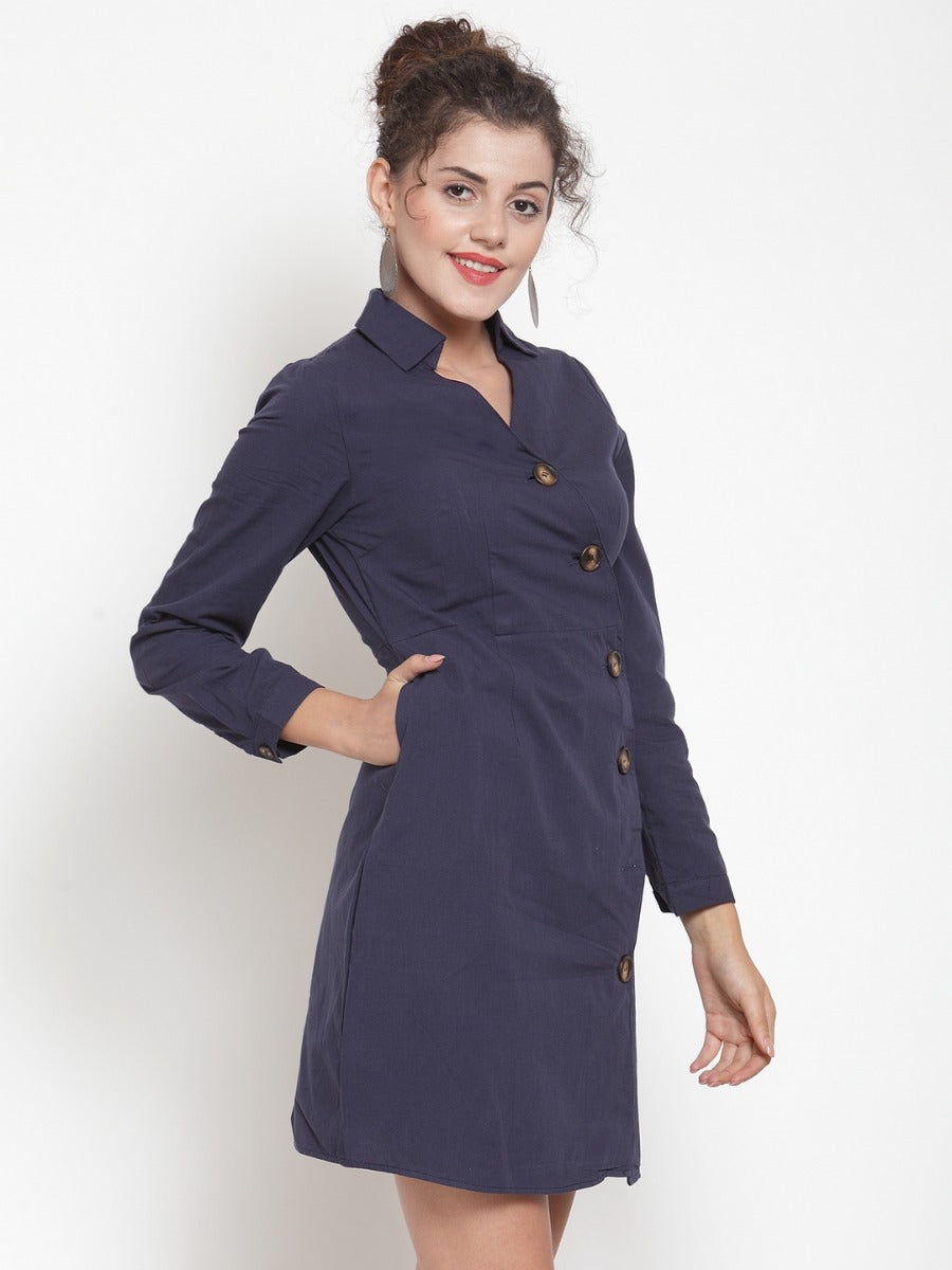 Women Straight Fit Navy Blue Collared Tunic