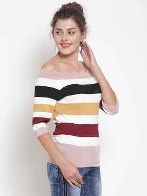 Women Striped Pink Off-Shoulder T-Shirt
