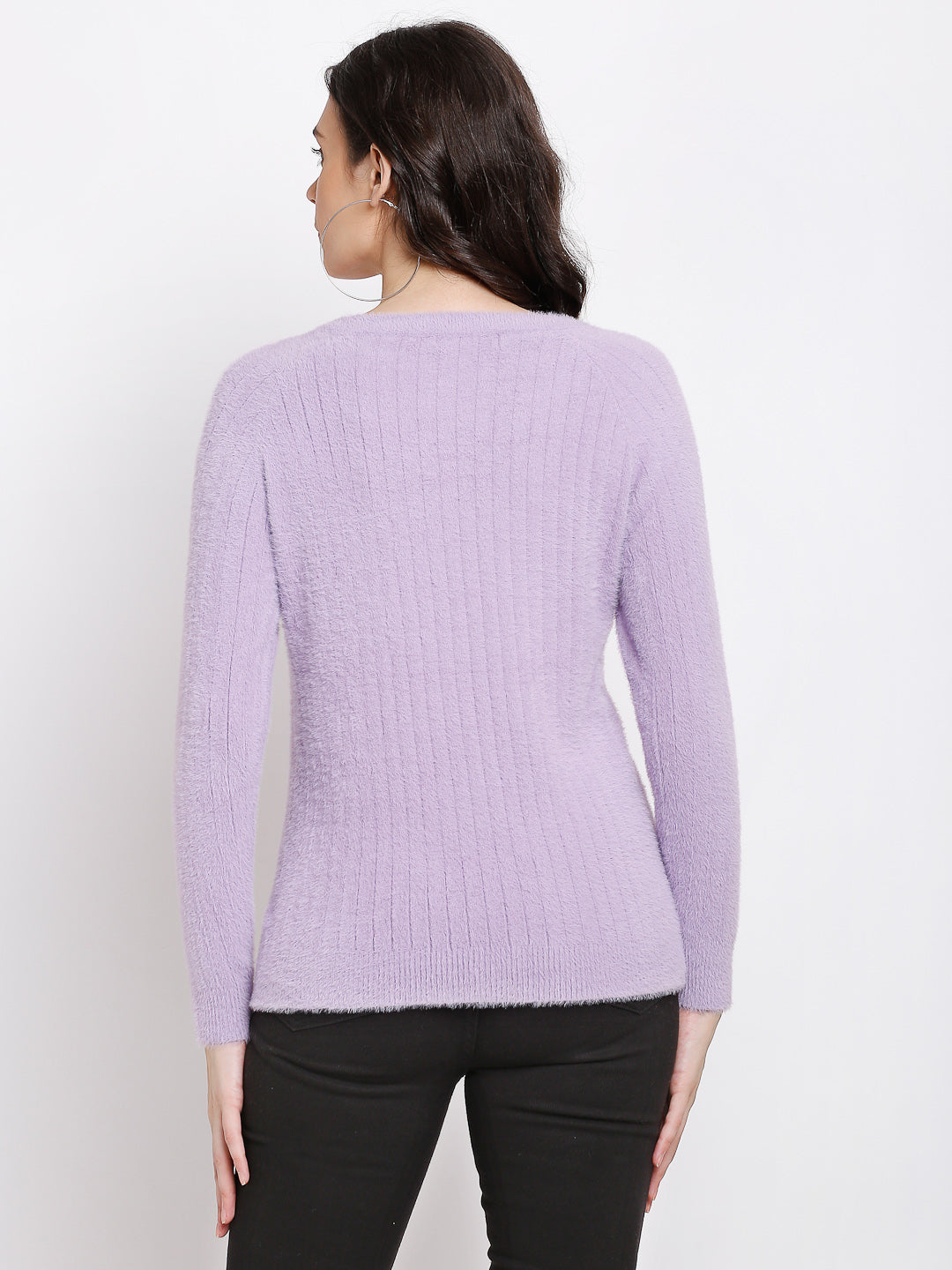 Women Lilac Knitted Solid Round Neck Pullover