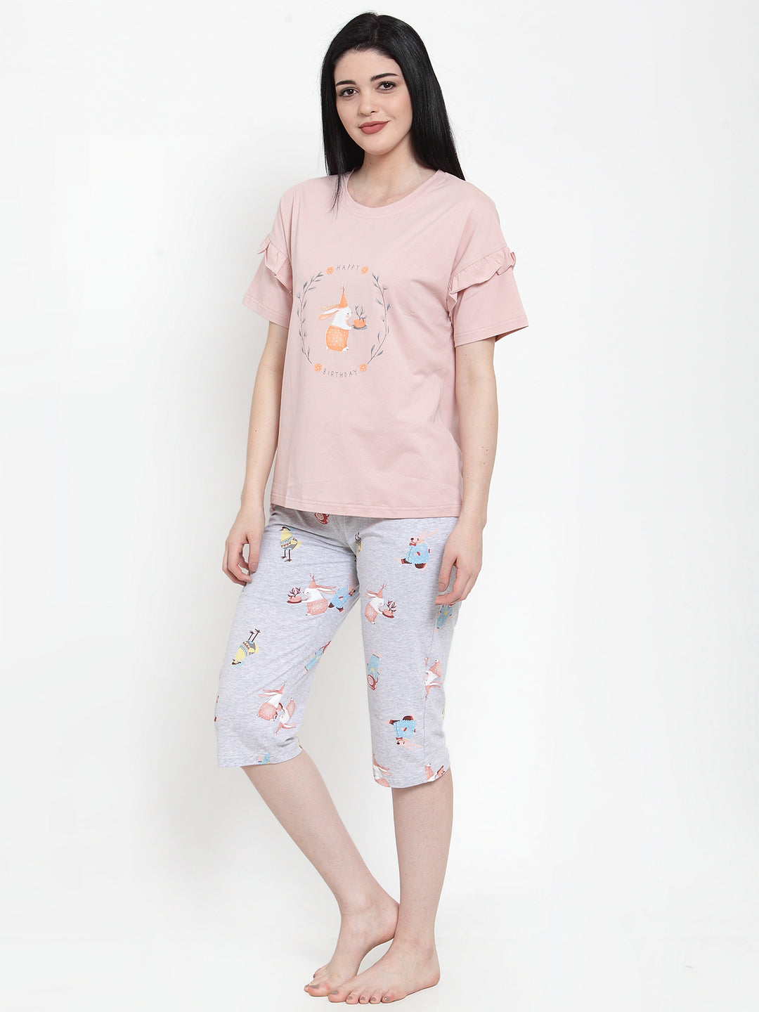 Women Pink Hosiery Printed Capri Night Suit