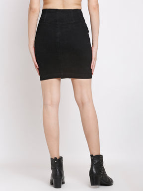 Women Black Cotton Solid Above Knee Skirt