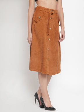 Women Solid Tan Cord Fabric Skirt