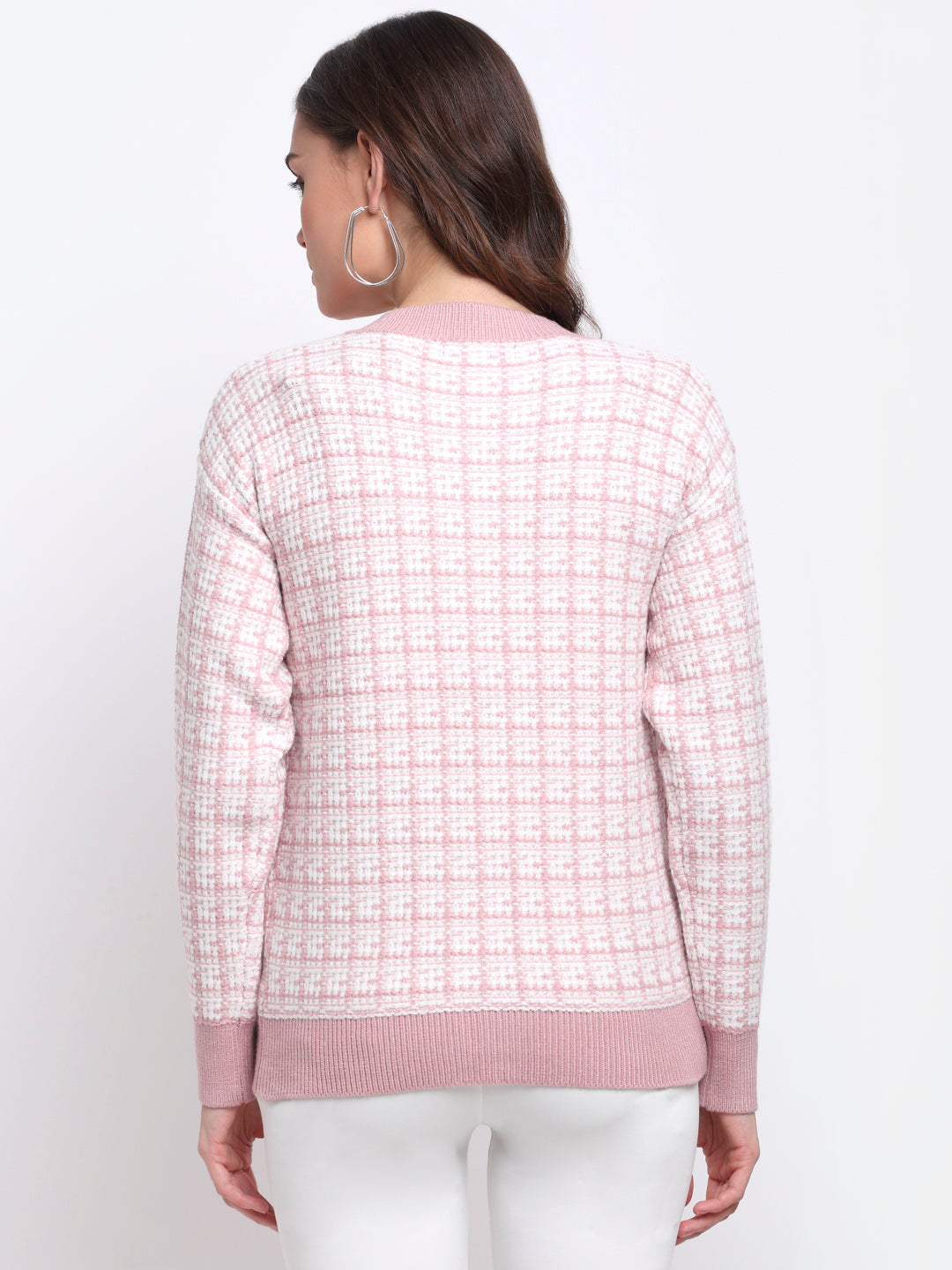 Women Pink Checked KNIT Cardigan With Round Neck