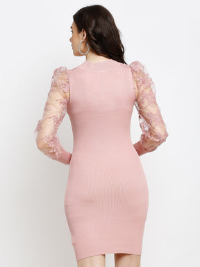 women pink knitted solid turtle neck dress