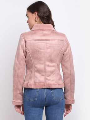 Women Pink Collared Solid Jacket