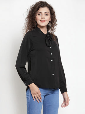 Women Black Shirt Blouse With Neck Tie