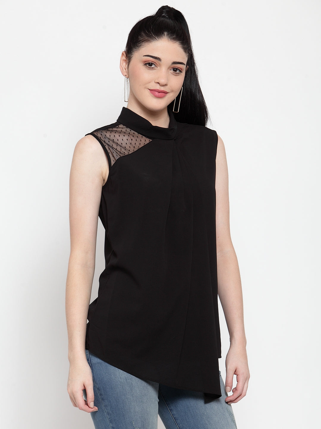 Women Black Turtle Neck Asymmatric Hem Top