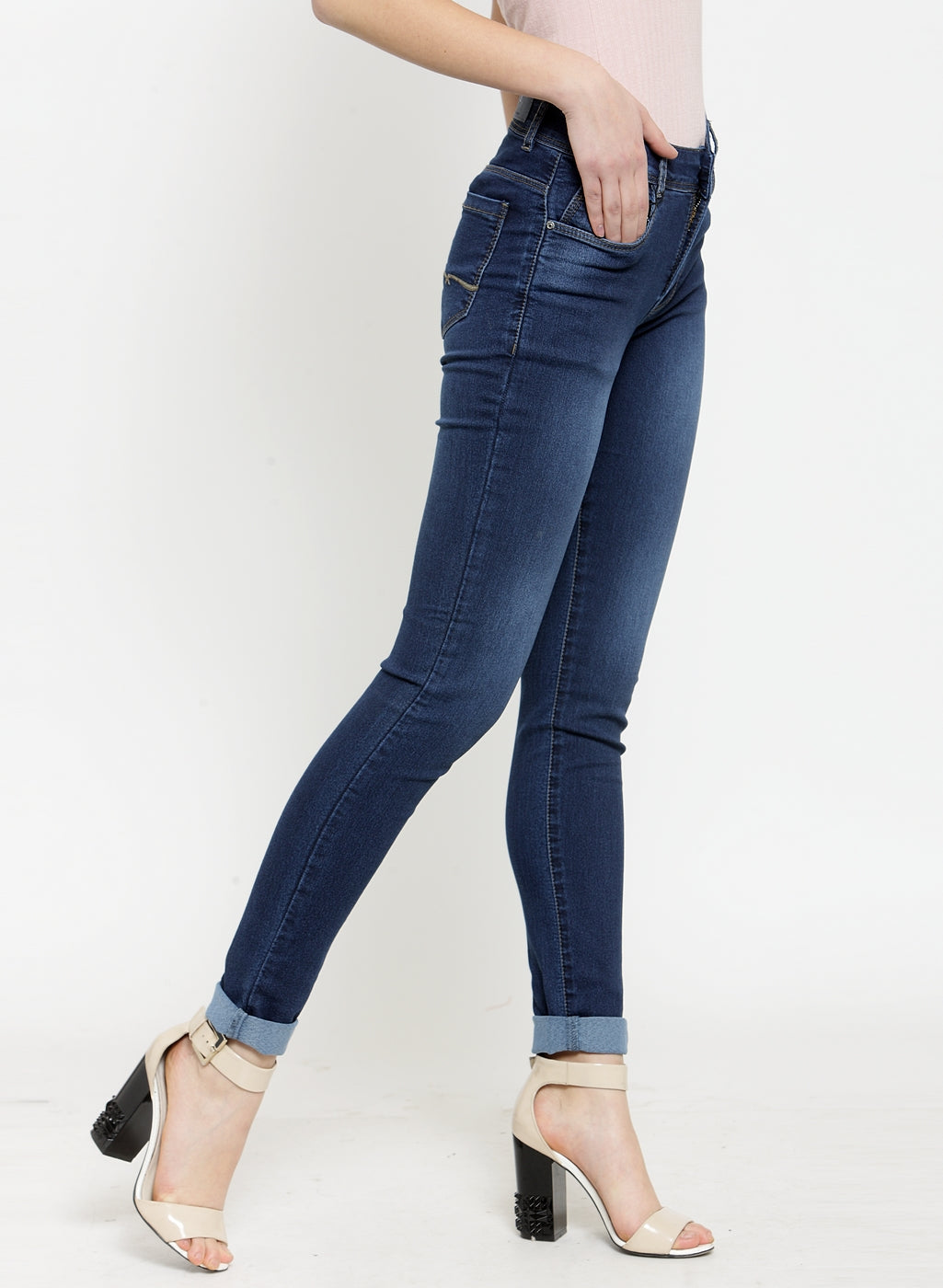 women dark blue solid skinny jeans