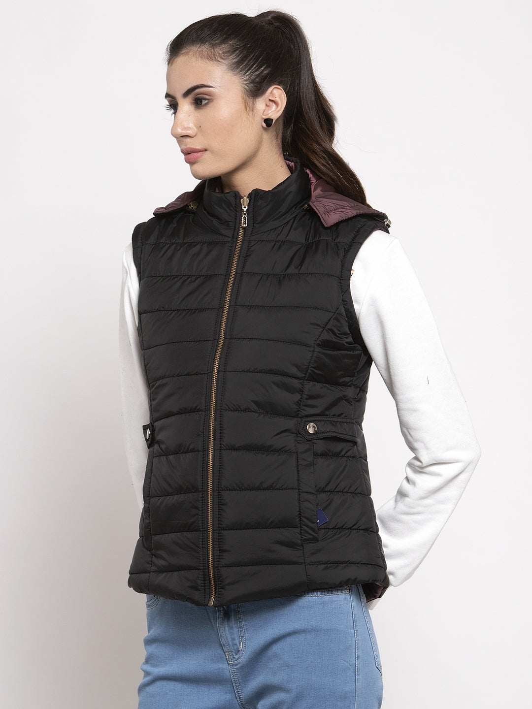 Women Black Solid Hooded Reversible Jacket