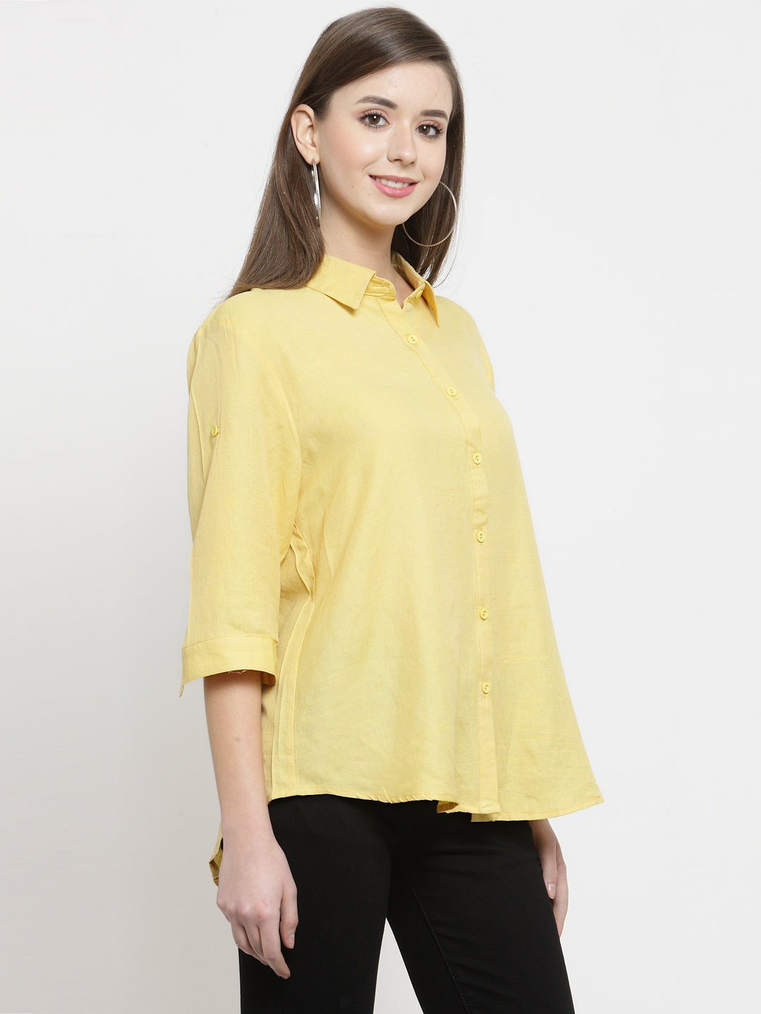 women yellow solid shirt collar relaxed fit shirt