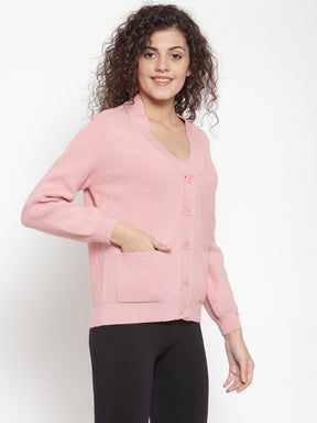 Women Solid Pink Cardigans With Pockets