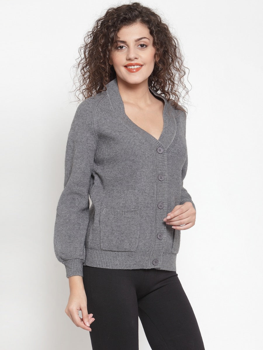 Women Solid Grey Cardigans With Pockets