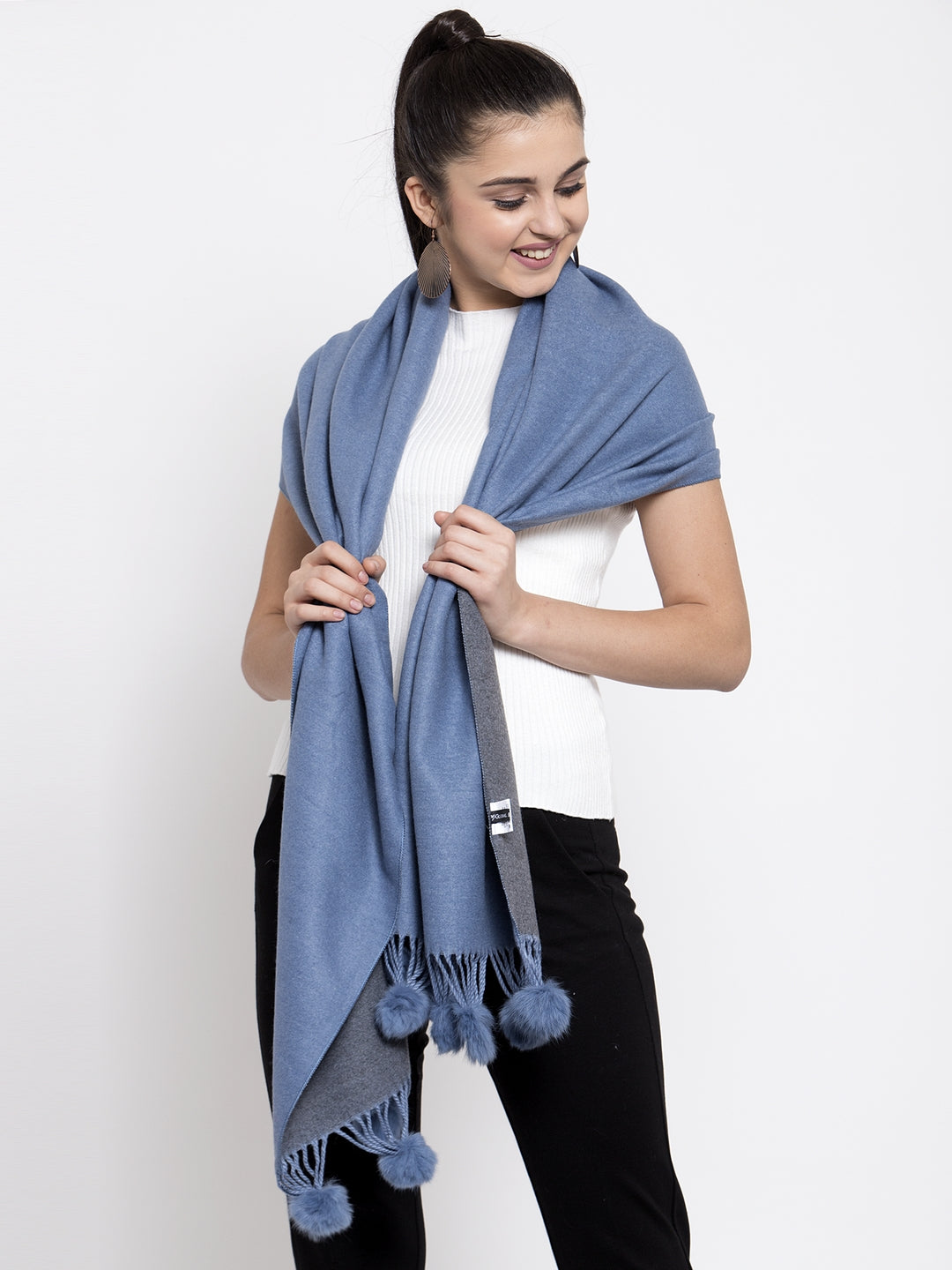 Women Blue Stole With Pom-Pom