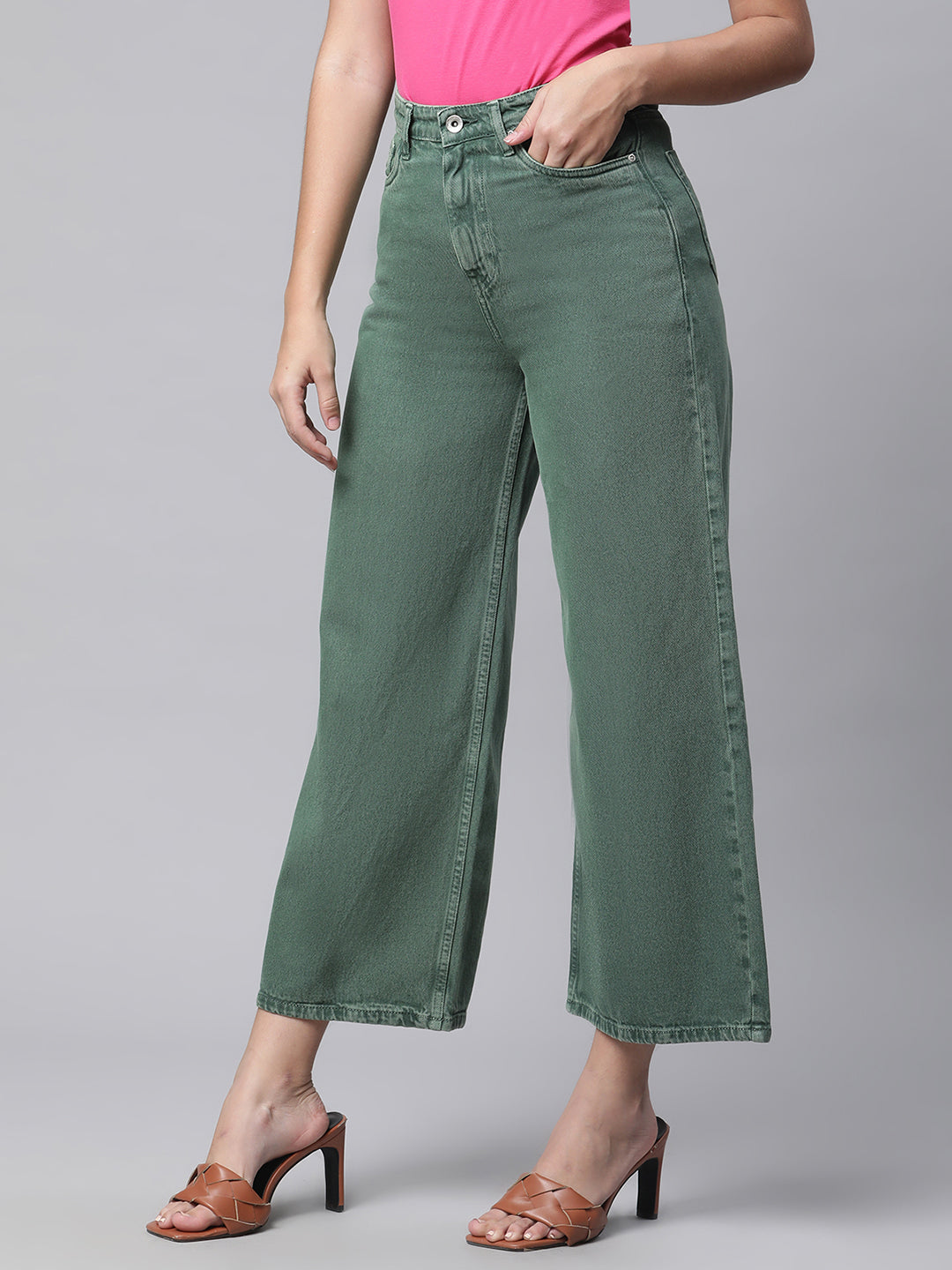 mid rise flared green jeans for women