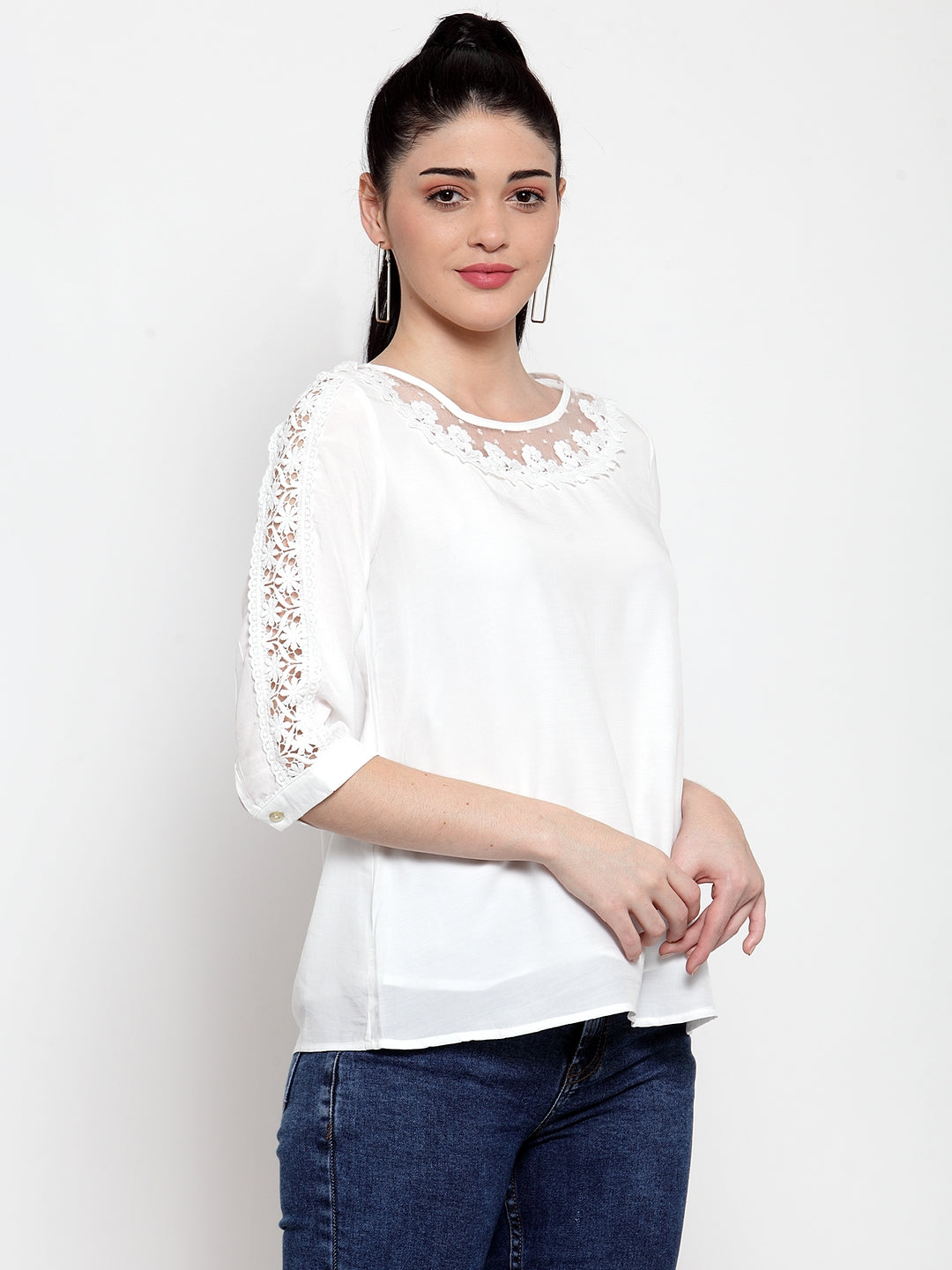Women White Crape Blouse With Lace Detail