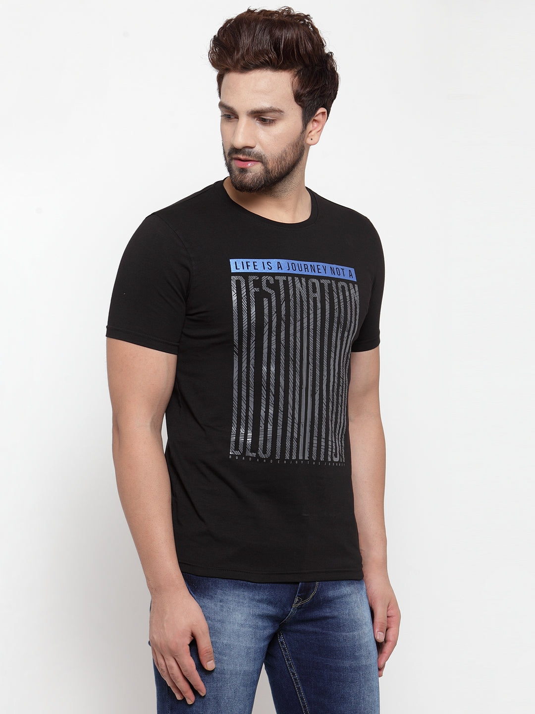 Mens Black Round Neck Printed T-Shirt