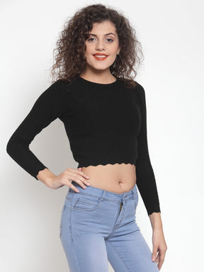 Women Solid Black Round Neck Pullover