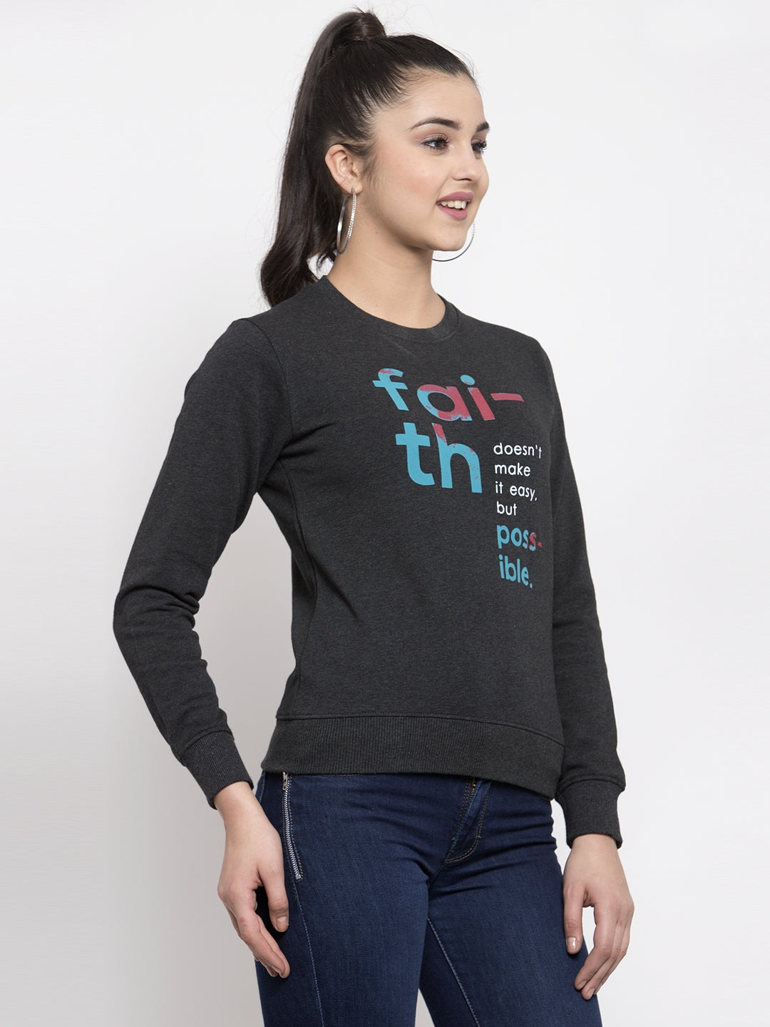 Women Grey Round Neck Sweatshirt