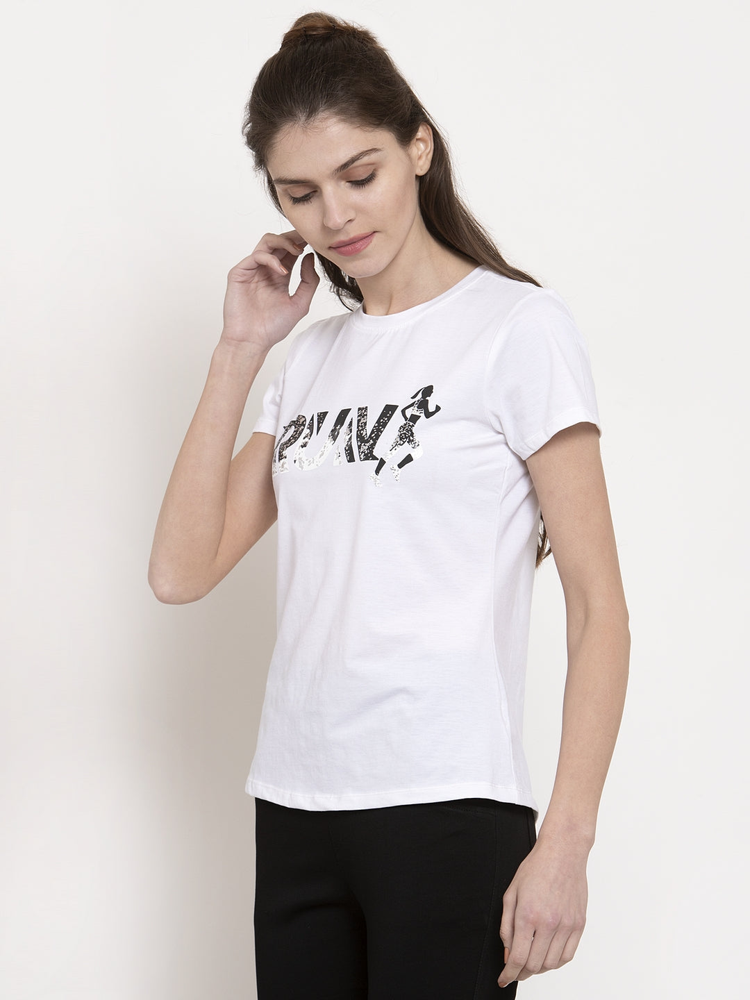 ladies white printed round neck t shirts
