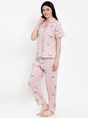 Women Pink Cotton Checked NightSuit