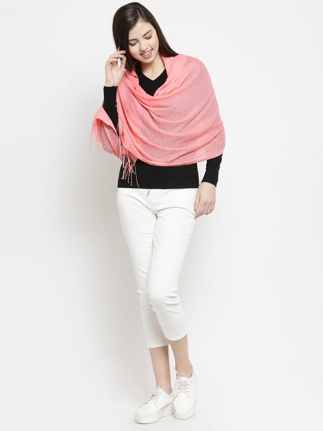 Women Peach Cotton Foax  Stole With Beads