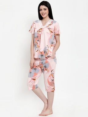 Women Pink Cotton Printed Capri Night Suit