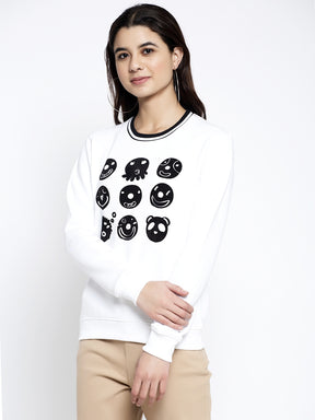 Women White Round Neck Printed Sweatshirt
